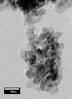An image resembling a cluster of grape where the cluster consists of nearly spherical particles of 5&nbsp;nm (2.0×10−7&nbsp;in) diameter