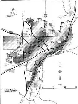 Detroit inset from the General Location of National System of Interstate Highways Including All Additional Routes at Urban Areas Designated in September 1955 (Yellow Book)