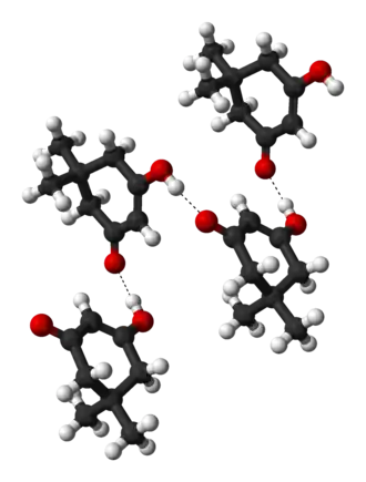 Ball-and-stick model of a hydrogen-bonded dimedone chain, as found in the crystal structure