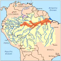 This is a map of distribution of Symphysodon (Discus fishes, in orange, in yellow Amazon River drainage basin).
