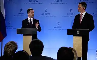 Norwegian Prime Minister Jens Stoltenberg (right) and Russian President Dmitry Medvedev (left) announce that Norway and Russia have settled the long conflict over their maritime border in the Barents Sea, on 27 April 2010.
