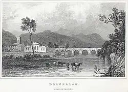 Bridge over the River Wnion in Dolgellau, 1830 by artist Henry Gastineau (1791–1876) and engraver Samuel Lacey&nbsp;[Wikidata] (1787–1859)