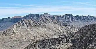 Camera pointed northeast, showing Donohue Peak, then Mount Andrea Lawrence, and then Blacktop Peak furthest in back centered at top.