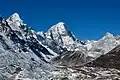 The summit of Drangnag Ri (left) rises behind a ridge. Khang Karpo is centered. View from east.