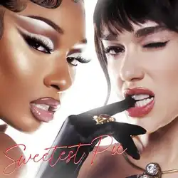 A portrait showing Megan Thee Stallion on the left and Dua Lipa on the right. Winking and biting her finger, Dua Lipa is wearing a black glove and a ring. The title "Sweetest Pie" is displayed in a red, handwritten font at the bottom left corner of the image.