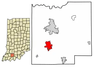Location of Huntingburg in Dubois County, Indiana.