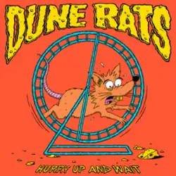 An orange rat running on a blue running wheel, looking at a small piece of cheese. The band's name is placed above in a cheese-like design and the album title is placed below in yellow.