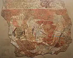 Battle scene with soldier in armour. Penjikent murals, 6th-7th century CE.