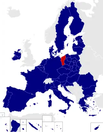 Map of the European Parliament constituencies with Lubusz and West Pomeranian highlighted in red
