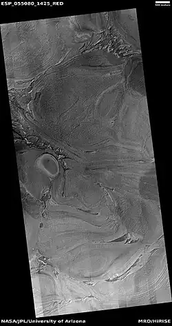 Twisted bands on the floor of Hellas Planitia, as seen by HiRISE under HiWish program