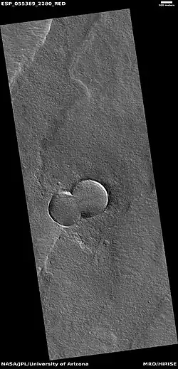 Double crater, as seen by HiRISE under HiWish program Here the impacting body broke into two right before it struck the ground.
