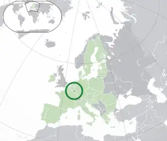 Location of&nbsp;Luxembourg&nbsp;(dark green) –&nbsp;in Europe&nbsp;(green &&nbsp;dark grey) –&nbsp;in the European Union&nbsp;(green)
