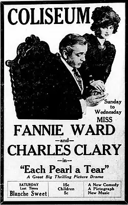 A simple newspaper advertisement with a photo of a man and a woman on the top.