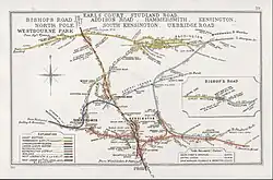 A 1911 map of the West London line (running south to north, depicted in yellow and red) and its junctions