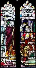 19th-century stained glass window showing the coronation of King Edgar by Dunstan