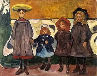 Four Girls in Åsgårdstrand, 1903, .mw-parser-output .frac{white-space:nowrap}.mw-parser-output .frac .num,.mw-parser-output .frac .den{font-size:80%;line-height:0;vertical-align:super}.mw-parser-output .frac .den{vertical-align:sub}.mw-parser-output .sr-only{border:0;clip:rect(0,0,0,0);clip-path:polygon(0px 0px,0px 0px,0px 0px);height:1px;margin:-1px;overflow:hidden;padding:0;position:absolute;width:1px}87&nbsp;cm ×&nbsp;111&nbsp;cm (34+1⁄4&nbsp;in ×&nbsp;43+3⁄4&nbsp;in), Munch Museum, Oslo