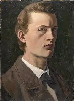 Self-Portrait, 1882, .mw-parser-output .frac{white-space:nowrap}.mw-parser-output .frac .num,.mw-parser-output .frac .den{font-size:80%;line-height:0;vertical-align:super}.mw-parser-output .frac .den{vertical-align:sub}.mw-parser-output .sr-only{border:0;clip:rect(0,0,0,0);clip-path:polygon(0px 0px,0px 0px,0px 0px);height:1px;margin:-1px;overflow:hidden;padding:0;position:absolute;width:1px}26&nbsp;cm ×&nbsp;19&nbsp;cm (10+1⁄4&nbsp;in ×&nbsp;7+1⁄2&nbsp;in), Munch Museum, Oslo