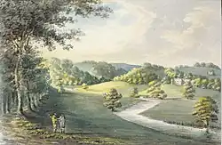 "Eggesford, Seat of Hon. Newton Fellowes", viewed from NW, watercolour by Rev. John Swete dated 1797. Devon Record Office 564M/F11/111
