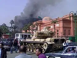 Military vehicles and soldiers positioned around the Egyptian Museum during the 2011 revolution