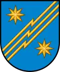 A coat of arms depicting three yellow, diagonal lines zig-zagging from the bottom left to the top right on a grey background