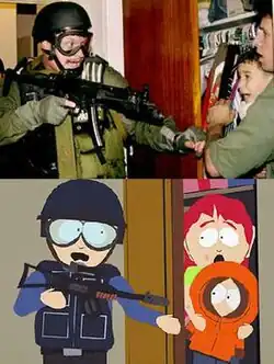 Montage: On top, an armored man with a rifle reaches for a scared young boy being held in the arms of an adult male in an open closet. On bottom, a frame from an animated show mimicking the picture above, with an adult female instead holding a young boy.