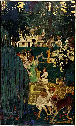 Elizabeth Shippen Green, Life was made for love and cheer (1904), illustration depicting Green, Jessie Willcox Smith, Violet Oakley and other friends.