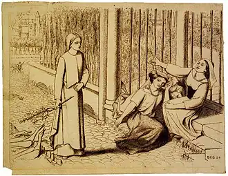 A cobbled street separated from a garden by a hedge and a railing. Three women sit on stone steps by the railing, wearing dresses, headscarves, and necklaces of beads; one of them calls out to a young woman walking past wearing a plain peasant dress and carrying a branch of a tree.