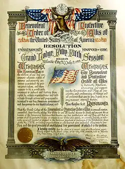 Example 1: A colorful red, white and blue decorated 1919 document by the Benevolent and Protective Order of Elks, declaring itself to be patriotic and barring people viewed as unpatriotic from membership.