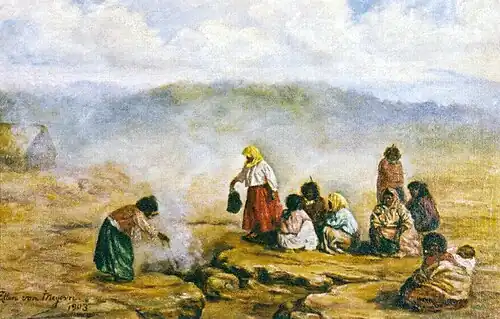 Maori women and children cooking at Geothermal Hangi Pit