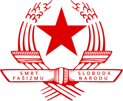 ZAVNOH emblem, a red star and "Death to Fascism – Freedom for the People"