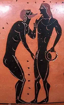 A homosexual courtship scene on an Athenian black-figure amphora (c. 540 BCE)[26][27]
