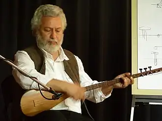 Erkan Oğur holding a kopuz lute in April 2007, giving a workshop in Rotterdam