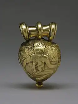 Bulla with Daedalus and Icarus; 5th century BC; gold; 1.6 by 1 by 1 centimetre (0.63&nbsp;in ×&nbsp;0.39&nbsp;in ×&nbsp;0.39&nbsp;in); Walters Art Museum (Baltimore)