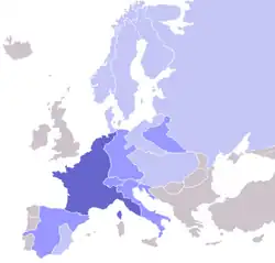 France in 1810 under Napoléon. All shades of blue = states operating a blockade against the UK &nbsp;&nbsp;France