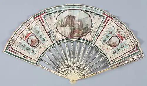 Neoclassical - Fan inspired by Roman frescos in Pompeian Styles, unknown designer and painter, 1780-1800, leather, gouache, ivory, and gilding, Musée Galliera, Paris