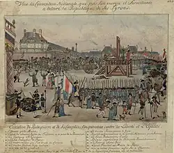 The execution of Couthon; the body of Adrien Nicolas Gobeau, ex-substitute of the public accuser Fouquier and member of the Commune, the first who suffered, is shown lying on the ground;[414][better&nbsp;source&nbsp;needed] Robespierre (#10) is shown holding a handkerchief to his mouth. Hanriot (#9) is covering his eye, which came out of its socket when he was arrested.