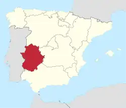Map of Spain with the province of Extremadura highlighted