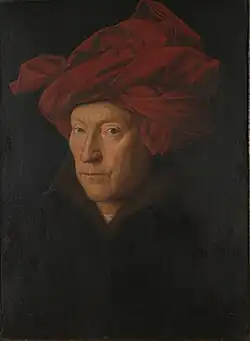 Jan van Eyck, Portrait of a Man in a Turban (actually a chaperon), 1433, National Gallery, generally regarded as a self-portrait, which would make it the earliest Western panel portrait after antiquity.