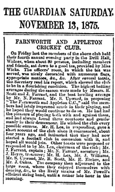 A newspaper extract from the Farnworth & Appleton Guardian in 1875 announcing the formation of Farnworth & Appleton Football Club.