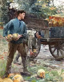 Painting of boys loading vegetables onto a cart.