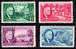 Set of four stamps honoring FDR, issued only two months after his death in 1945