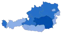 States in which the FPÖ is involved in the state government as a small coalition partner (dark blue) and in which the FPÖ is represented in the state parliament as an opposition party (light blue)