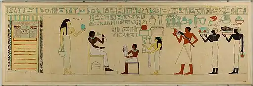 Facsimile painting on the sarcophagus of Queen Ashayet, smelling the sacred blue lotus