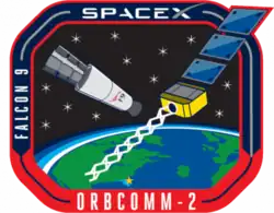 An artistic depiction of a Falcon 9 second stage with an exposed payload bay and an Orbcomm-OG2 satellite orbiting above Earth.
