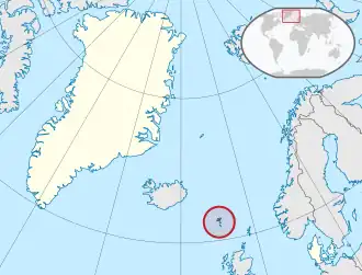 Location of&nbsp;the&nbsp;Faroe Islands&nbsp;(red; circled) in the Kingdom of Denmark&nbsp;(light white)