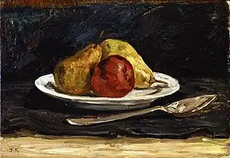 Pears and Apple on a Plate (1882) oil on canvas (22,5 x 32&nbsp;cm) Friends of the Musée Félicien Rops, Namur