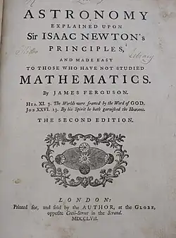 Title page of a 1757 copy of Ferguson's "Astronomy Explained upon Sir Isaac Newton's Principles and Made Easy for Those Who Have Not Studied Mathematics"