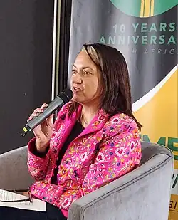 Farial Haffajee speaking at Wiki Indaba 2024.