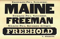 Ultra-bold sans-serifs; 8-line is Figgins' first, known from 1828, 5-line from 1830.