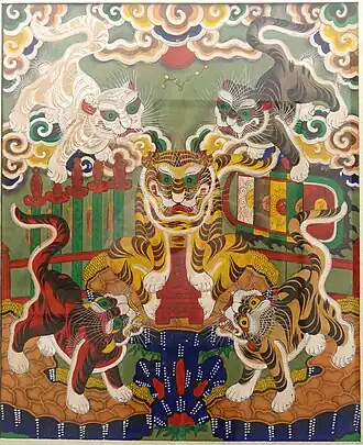 17th-century Hàng Trống woodcut painting depicts Five Tigers "Ngũ Hổ" displays in National Museum of Fine Arts